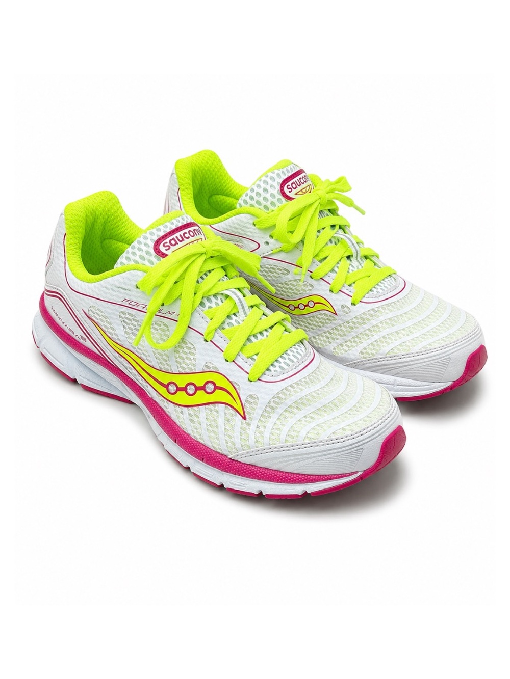 Saucony White & Neon Progrid Kinvara 3 Lightweight Running Shoes Girls Size 3.5